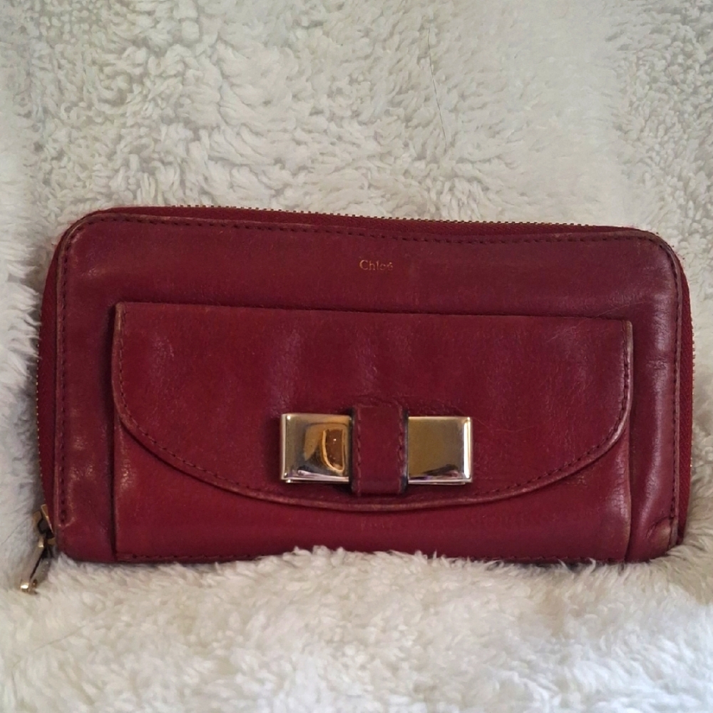 Chloe Burgundy Leather Envelope Long Zip Around Wallet